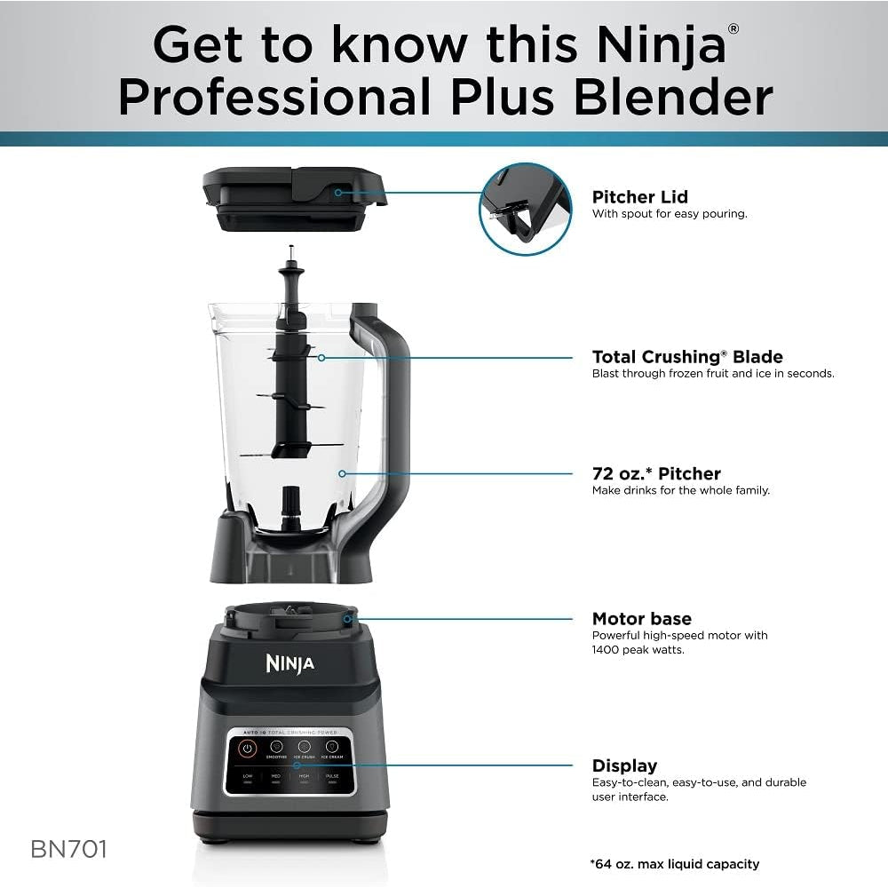 NINJA BN701 PROFESSIONAL PLUS BLENDER, 1400W, 3 FUNCTIONS, 72-OZ PITCHER, DARK GREY