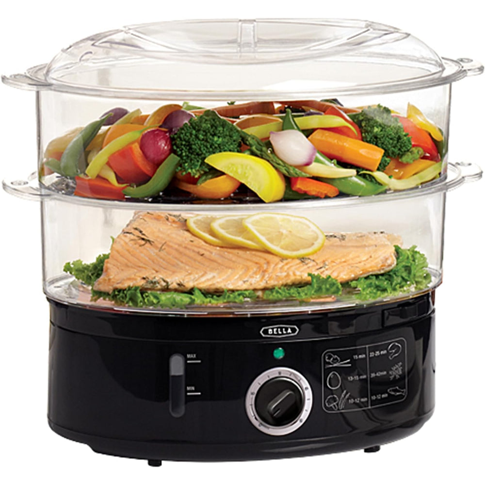BELLA 2-TIER FOOD STEAMER: DISHWASHER SAFE, STACKABLE BASKETS, AUTO SHUTOFF, 7.4 QT, BLACK