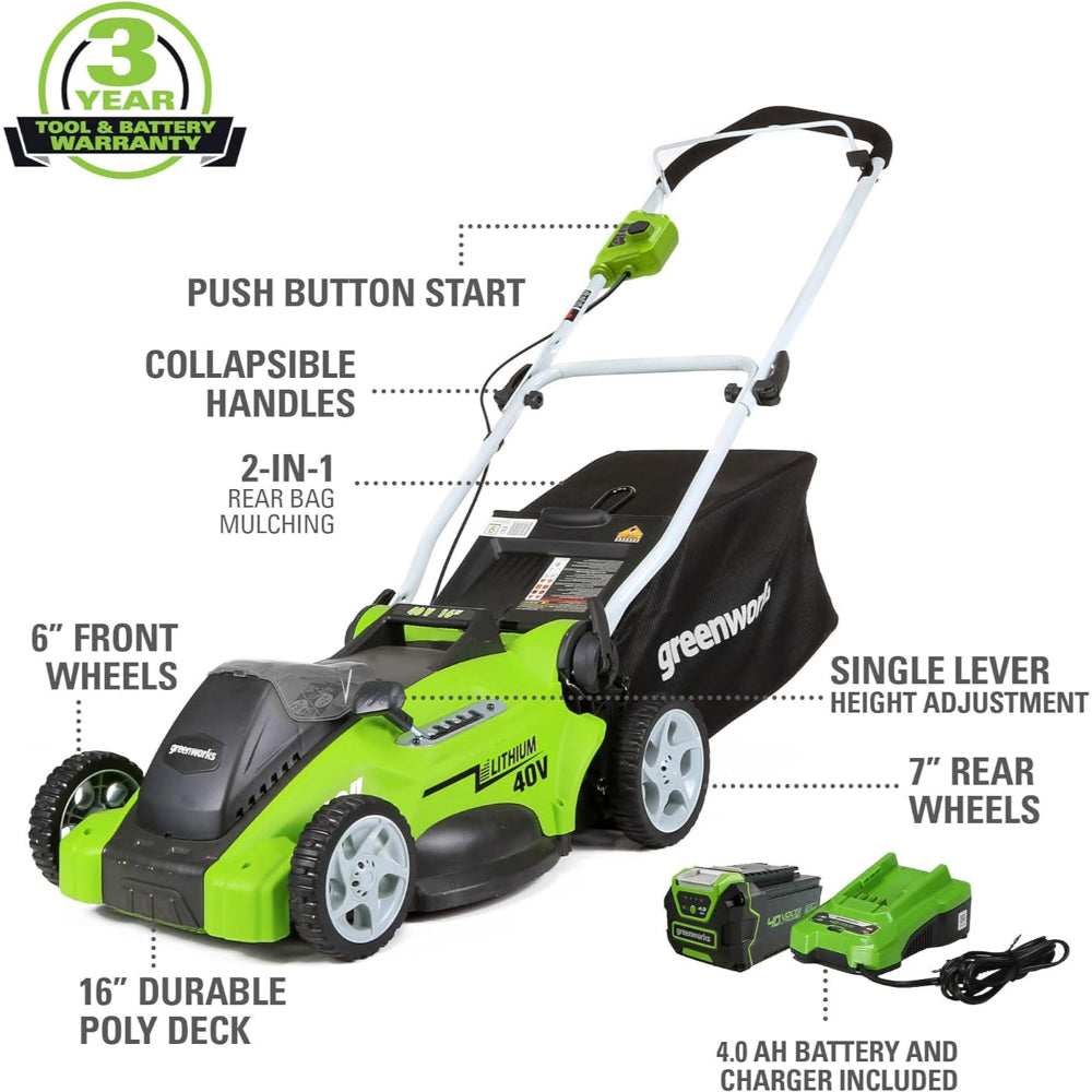 GREENWORKS 40V 16-INCH CORDLESS LAWN MOWER, 4.0 AH BATTERY AND CHARGER INCLUDED 25242