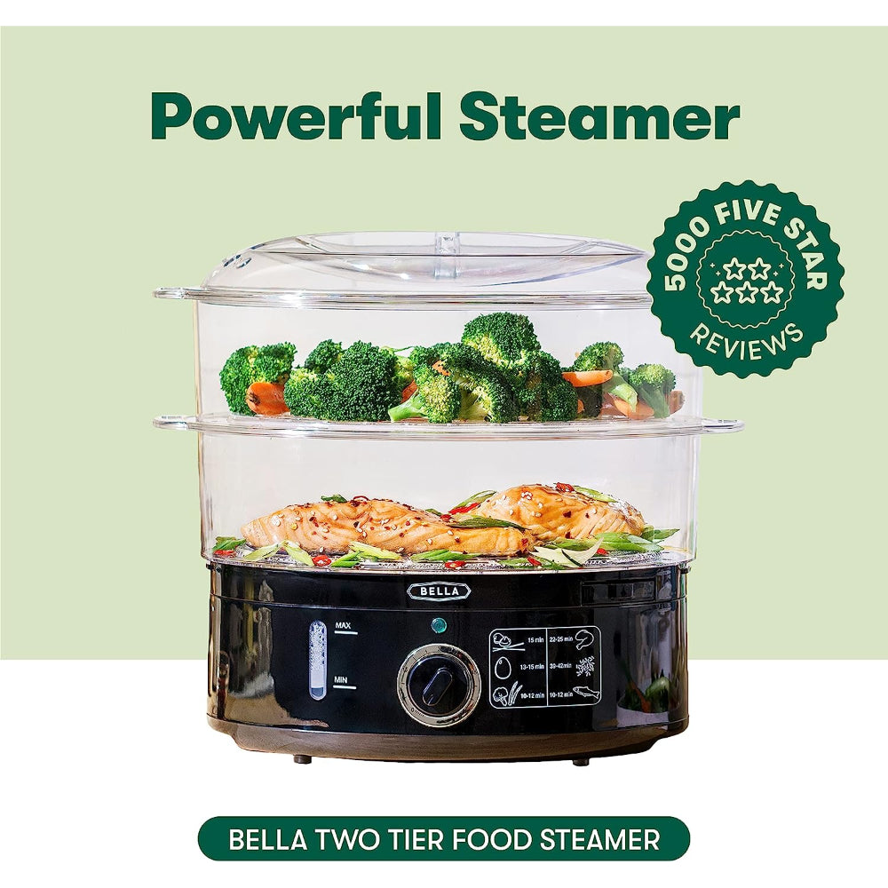 BELLA 2-TIER FOOD STEAMER: DISHWASHER SAFE, STACKABLE BASKETS, AUTO SHUTOFF, 7.4 QT, BLACK