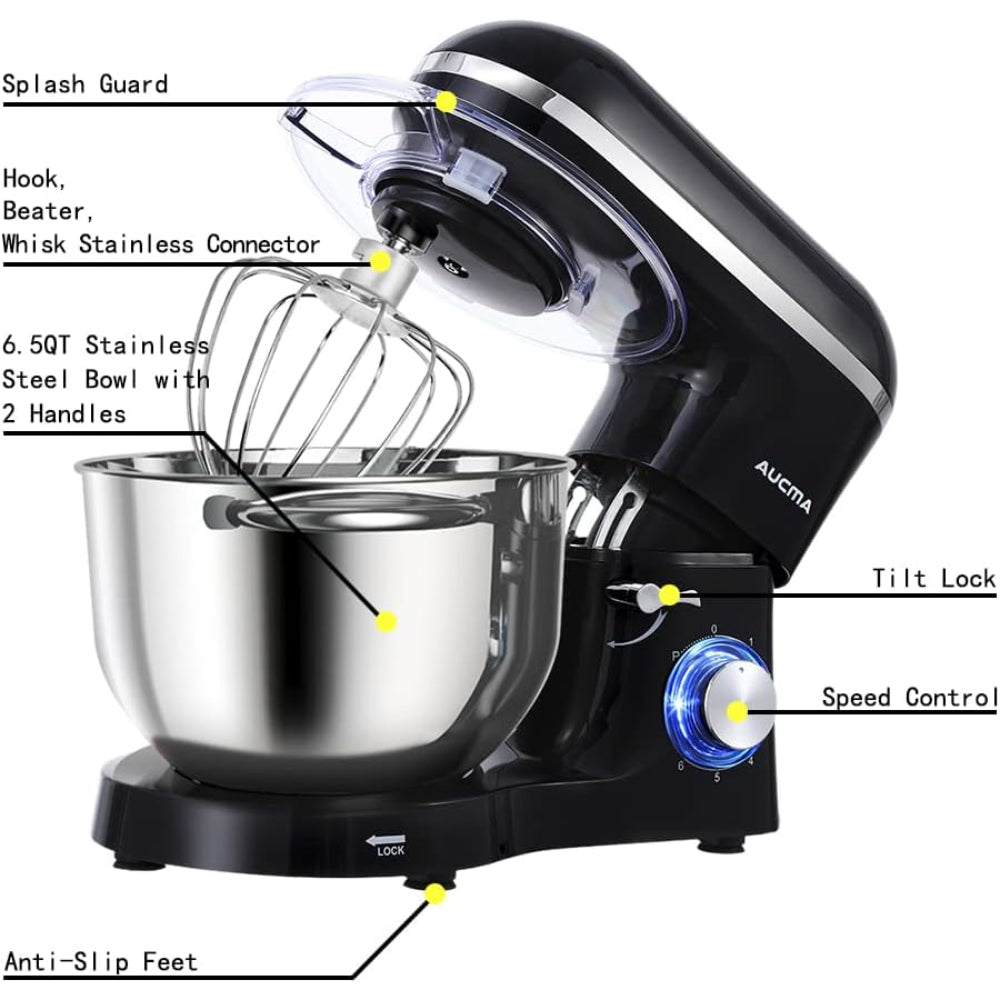 AUCMA STAND MIXER, 6.5-QT 660W, 6-SPEED TILT-HEAD FOOD MIXER, DOUGH HOOK, WIRE WHIP & BEATER