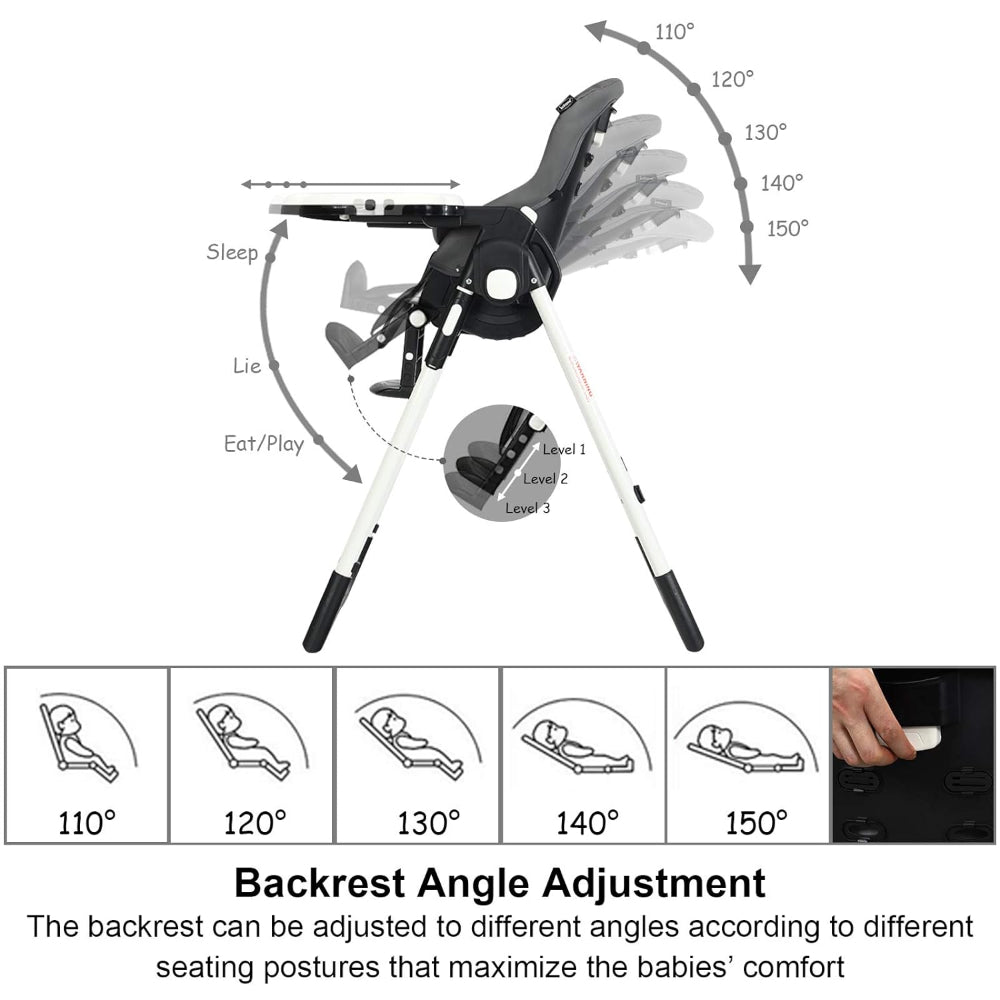 INFANS HIGH CHAIR, FOLDABLE, ADJUSTABLE BACKREST / FOOTREST / SEAT HEIGHT, REMOVEABLE TRAY