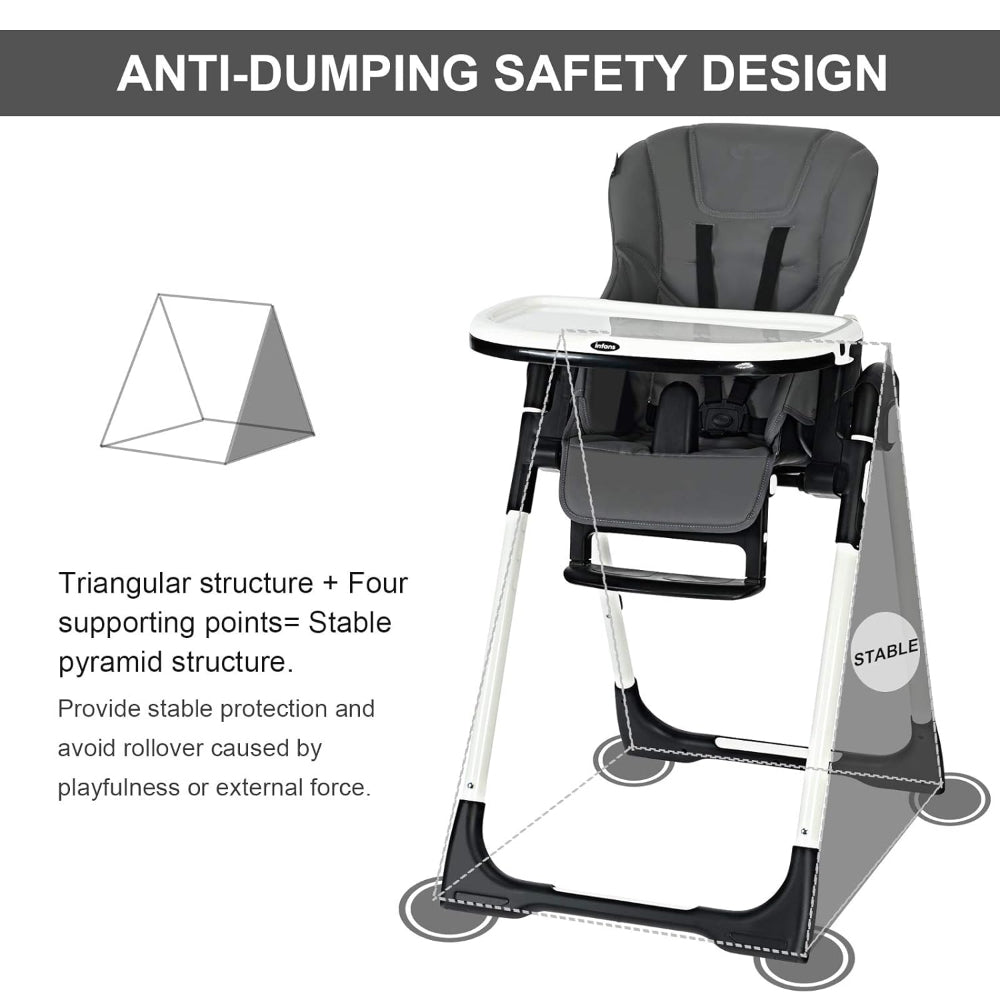 INFANS HIGH CHAIR, FOLDABLE, ADJUSTABLE BACKREST / FOOTREST / SEAT HEIGHT, REMOVEABLE TRAY
