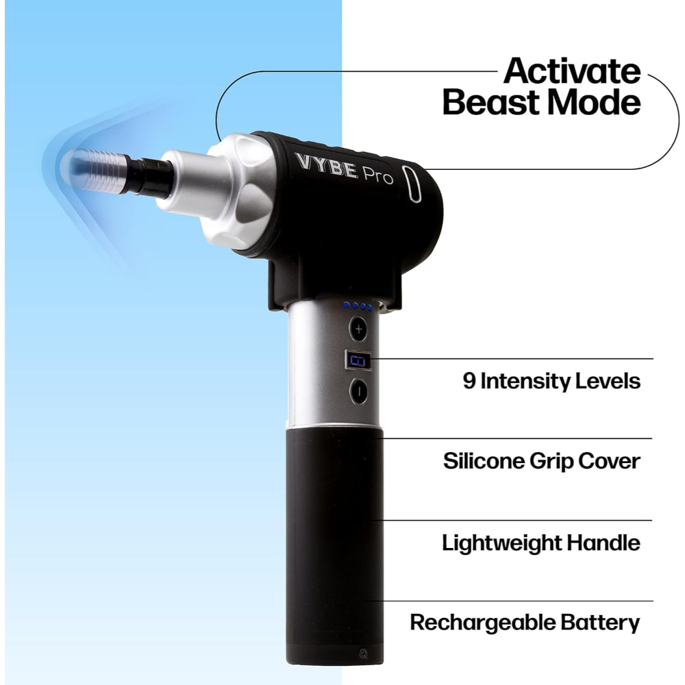VYBE PRO PERCUSSION MASSAGE GUN: 9 SPEEDS, 8 ATTACHMENTS, QUIET