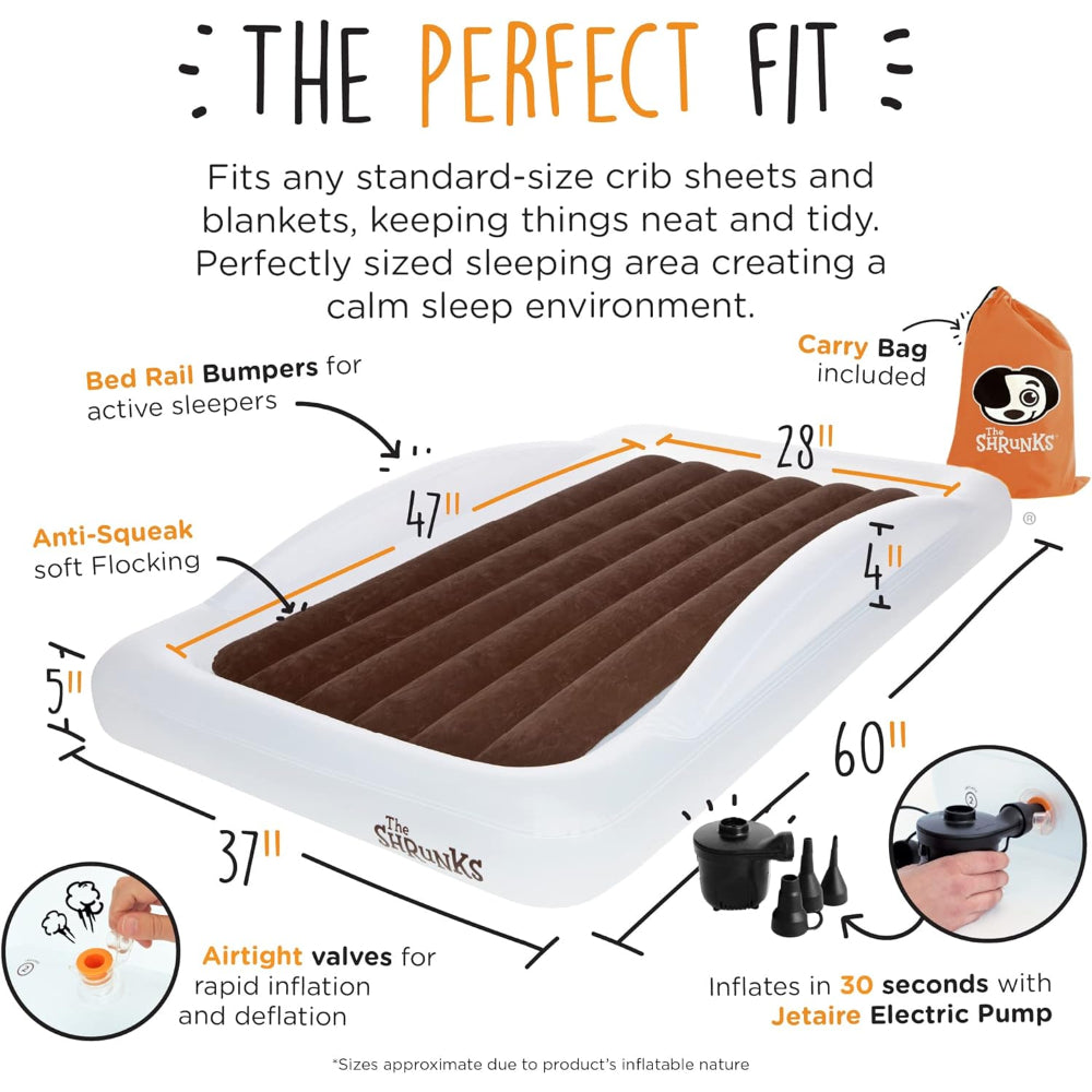 THE SHRUNKS TODDLER TRAVEL BED: PORTABLE INFLATABLE AIR MATTRESS WITH ELECTRIC PUMP