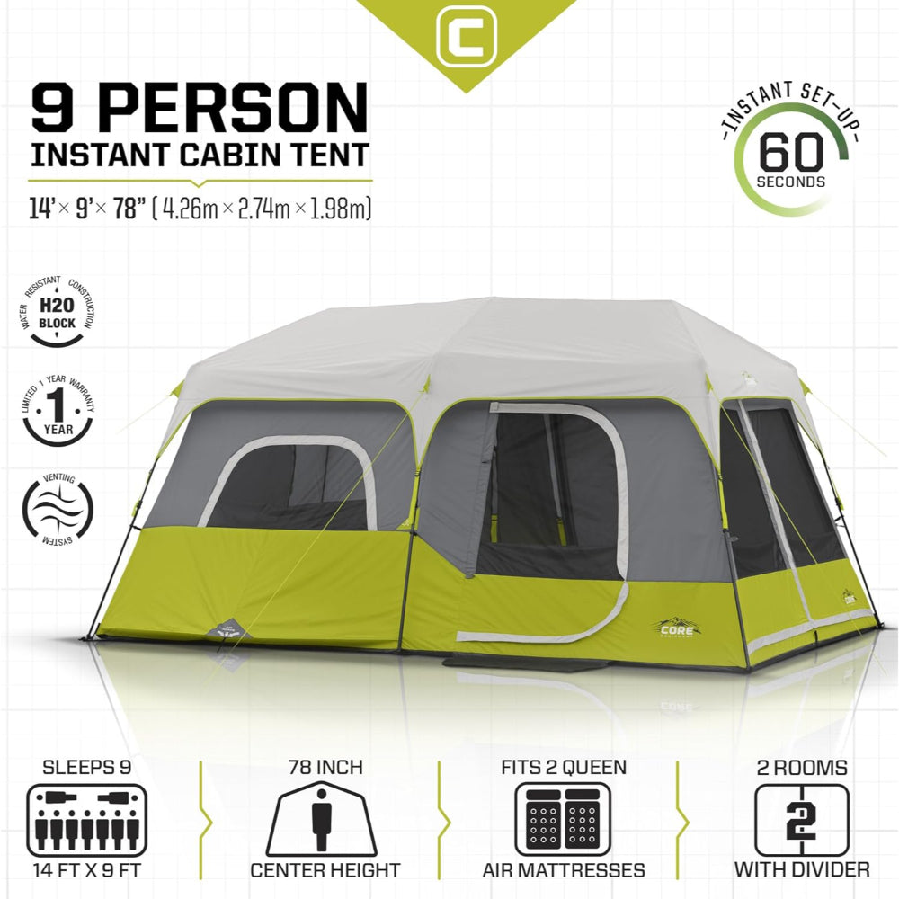 CORE 9-PERSON INSTANT CABIN TENT: 2-MIN SETUP, 14'X9', STORAGE POCKETS INCLUDED