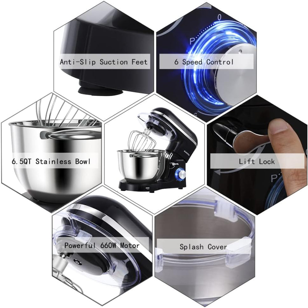 AUCMA STAND MIXER, 6.5-QT 660W, 6-SPEED TILT-HEAD FOOD MIXER, DOUGH HOOK, WIRE WHIP & BEATER