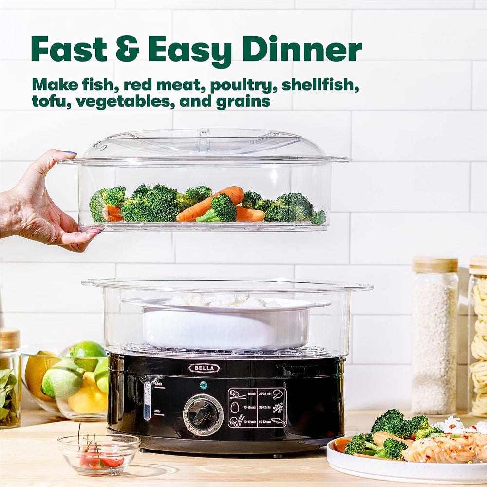 BELLA 2-TIER FOOD STEAMER: DISHWASHER SAFE, STACKABLE BASKETS, AUTO SHUTOFF, 7.4 QT, BLACK