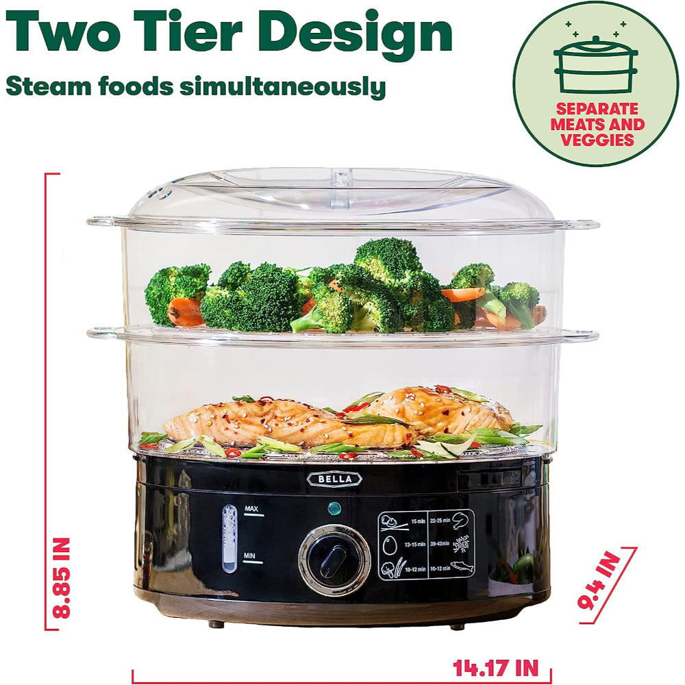 BELLA 2-TIER FOOD STEAMER: DISHWASHER SAFE, STACKABLE BASKETS, AUTO SHUTOFF, 7.4 QT, BLACK