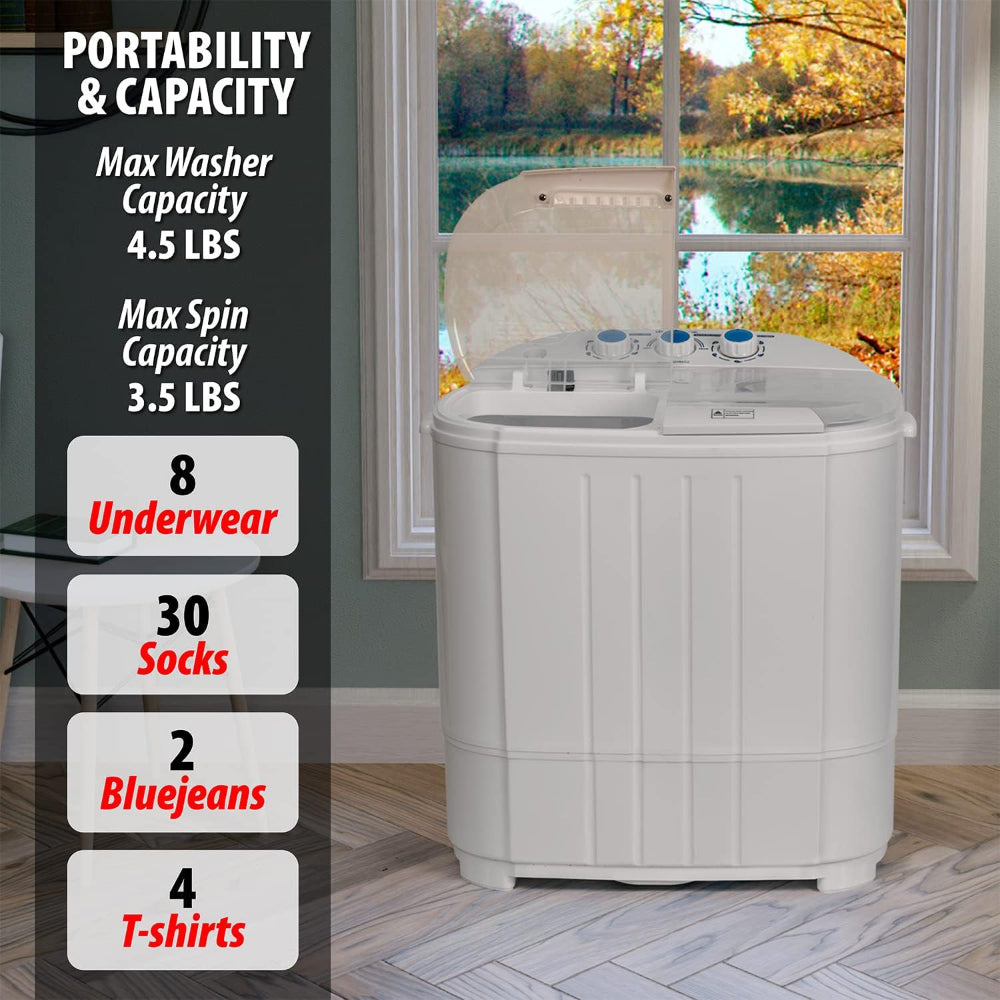 PORTABLE TWIN TUB WASHING MACHINE, BUILT-IN DRAINAGE, FOR DORMS, APARTMENTS, ETC.