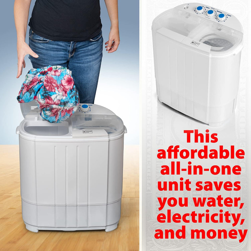 PORTABLE TWIN TUB WASHING MACHINE, BUILT-IN DRAINAGE, FOR DORMS, APARTMENTS, ETC.