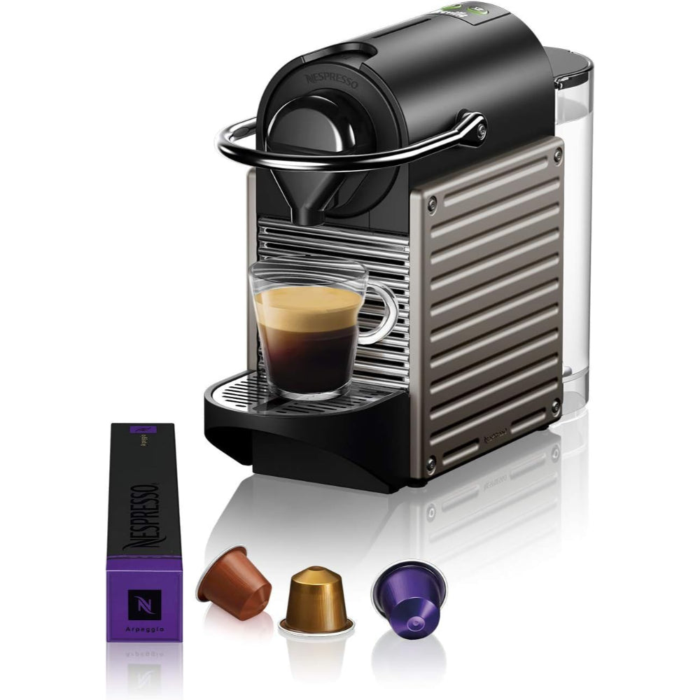 NESPRESSO PIXIE ESPRESSO MACHINE BY BREVILLE WITH MILK FROTHER, TITAN