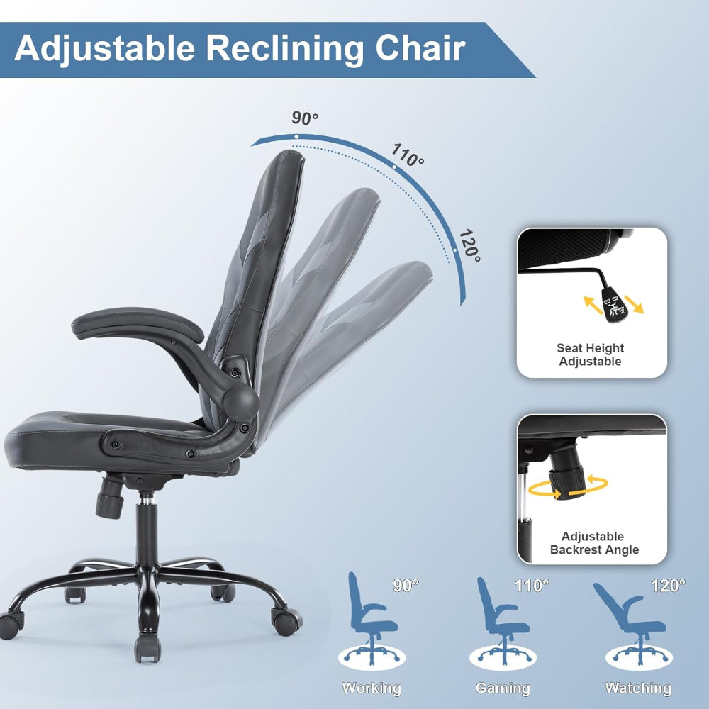 COMPUTER GAMING CHAIR, WITH LUMBAR SUPPORT AND FLIP-UP ARMRESTS, GREY