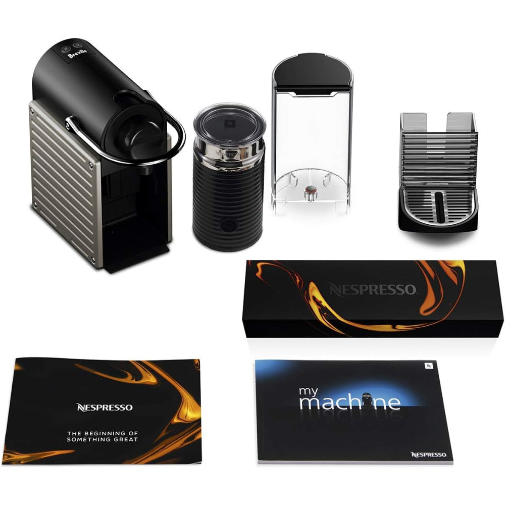 NESPRESSO PIXIE ESPRESSO MACHINE BY BREVILLE WITH MILK FROTHER, TITAN