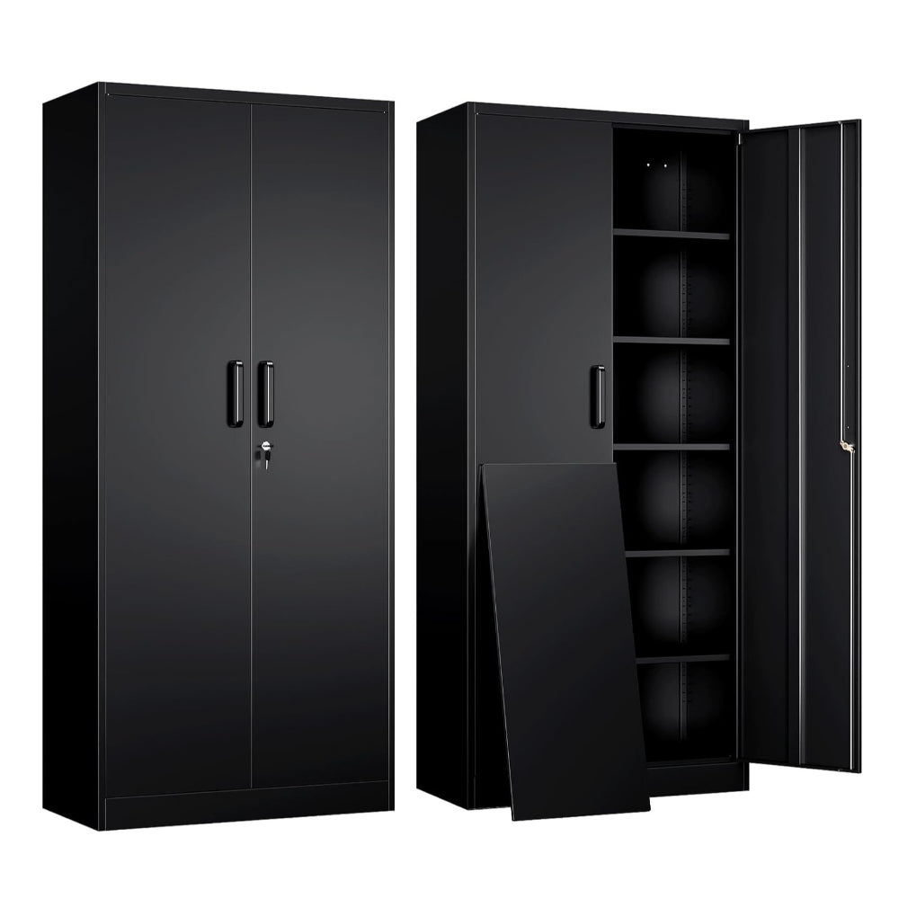 YIZOSH METAL GARAGE STORAGE CABINET WITH 2 DOORS AND 5 ADJUSTABLE SHELVES – 71 INCH, BLACK