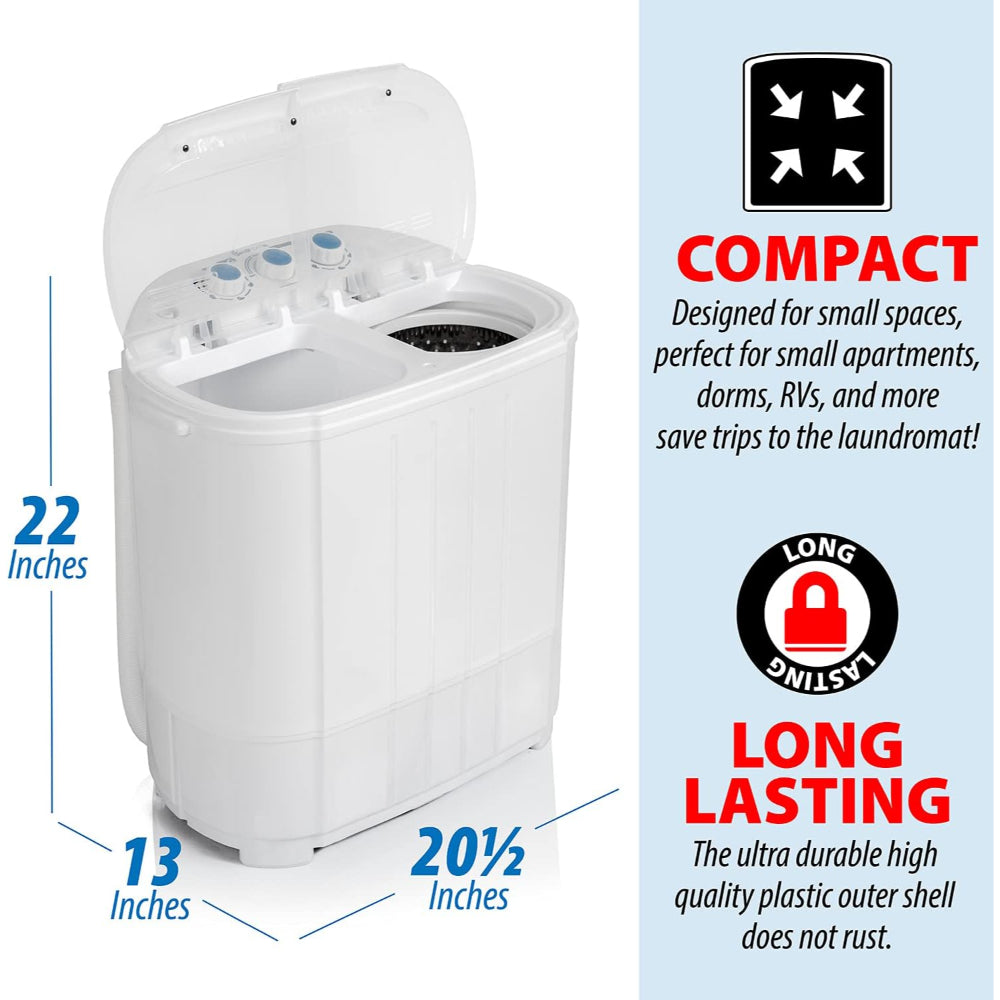 PORTABLE TWIN TUB WASHING MACHINE, BUILT-IN DRAINAGE, FOR DORMS, APARTMENTS, ETC.