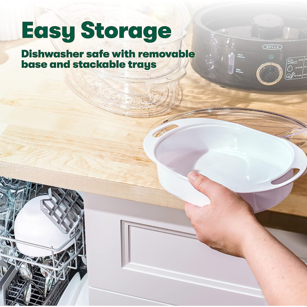 BELLA 2-TIER FOOD STEAMER: DISHWASHER SAFE, STACKABLE BASKETS, AUTO SHUTOFF, 7.4 QT, BLACK