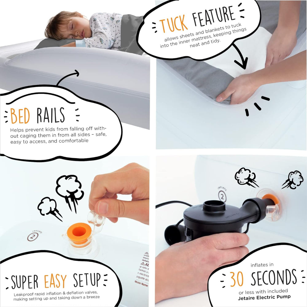 THE SHRUNKS TODDLER TRAVEL BED: PORTABLE INFLATABLE AIR MATTRESS WITH ELECTRIC PUMP