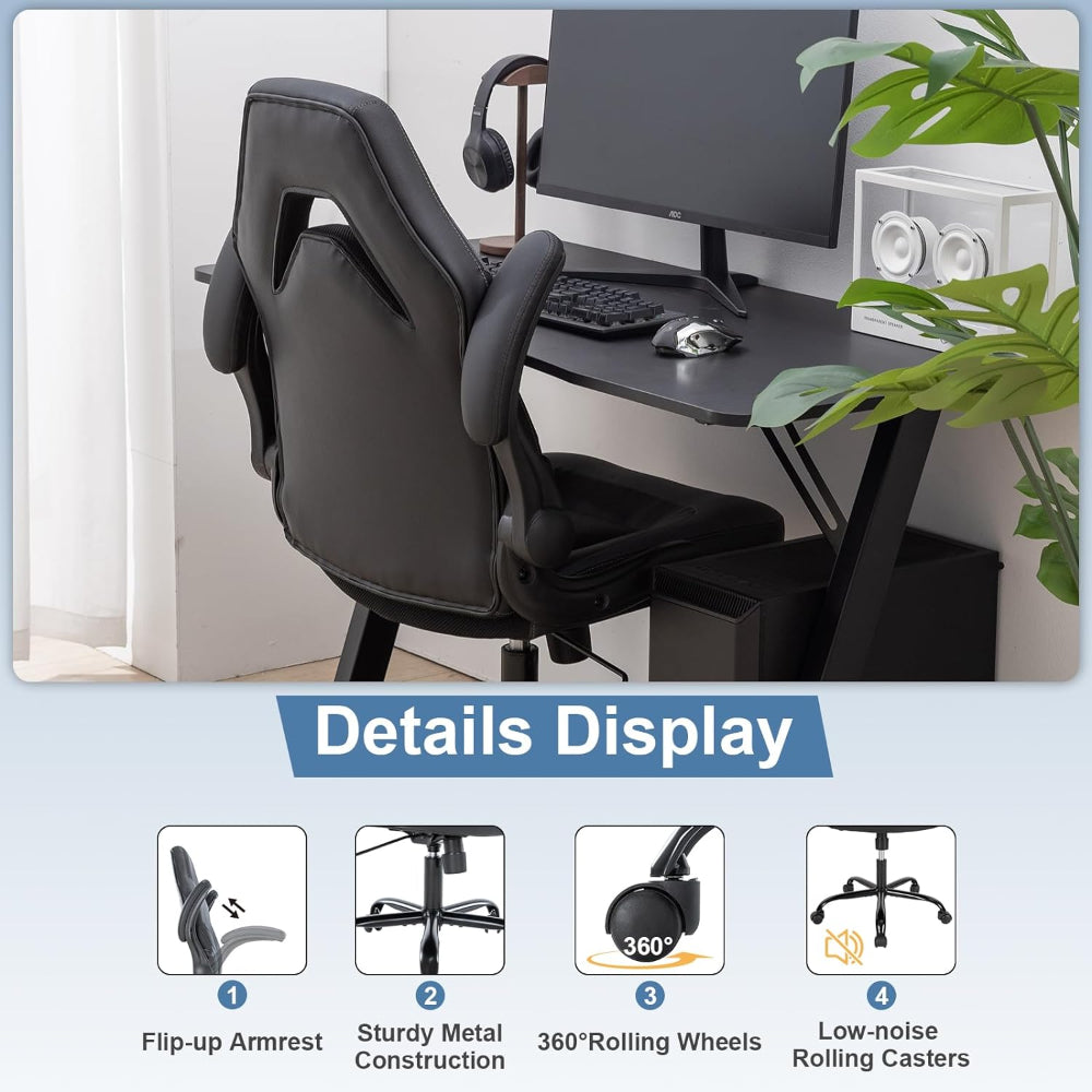 COMPUTER GAMING CHAIR, WITH LUMBAR SUPPORT AND FLIP-UP ARMRESTS, GREY