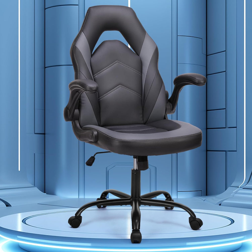 COMPUTER GAMING CHAIR, WITH LUMBAR SUPPORT AND FLIP-UP ARMRESTS, GREY