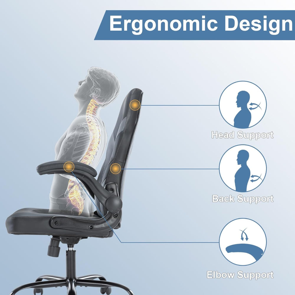 COMPUTER GAMING CHAIR, WITH LUMBAR SUPPORT AND FLIP-UP ARMRESTS, GREY