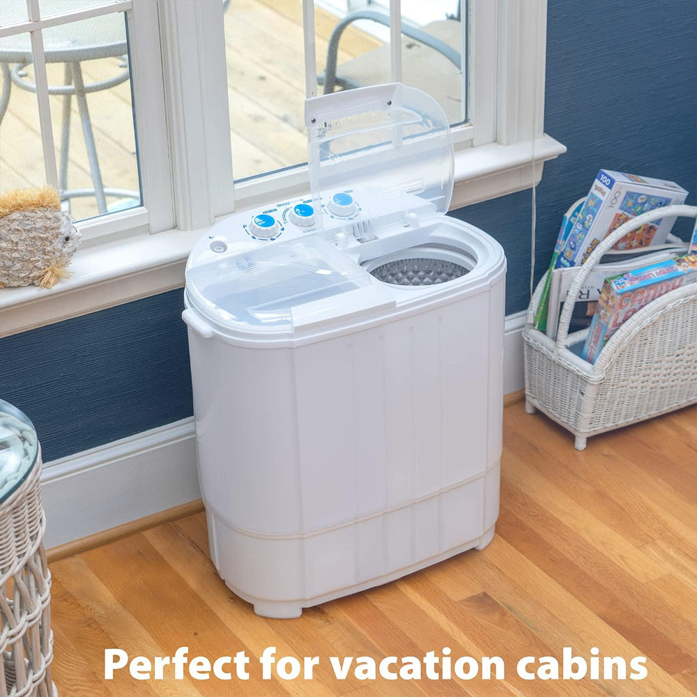 PORTABLE TWIN TUB WASHING MACHINE, BUILT-IN DRAINAGE, FOR DORMS, APARTMENTS, ETC.