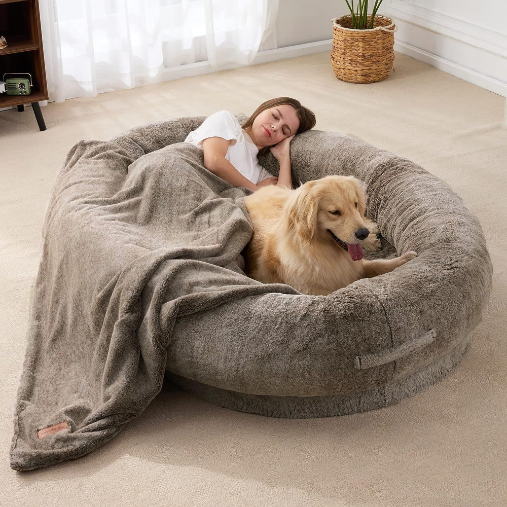 LARGE HUMAN DOG BED WITH BLANKET, BROWN