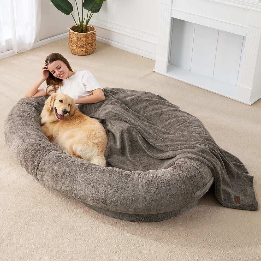 LARGE HUMAN DOG BED WITH BLANKET, BROWN