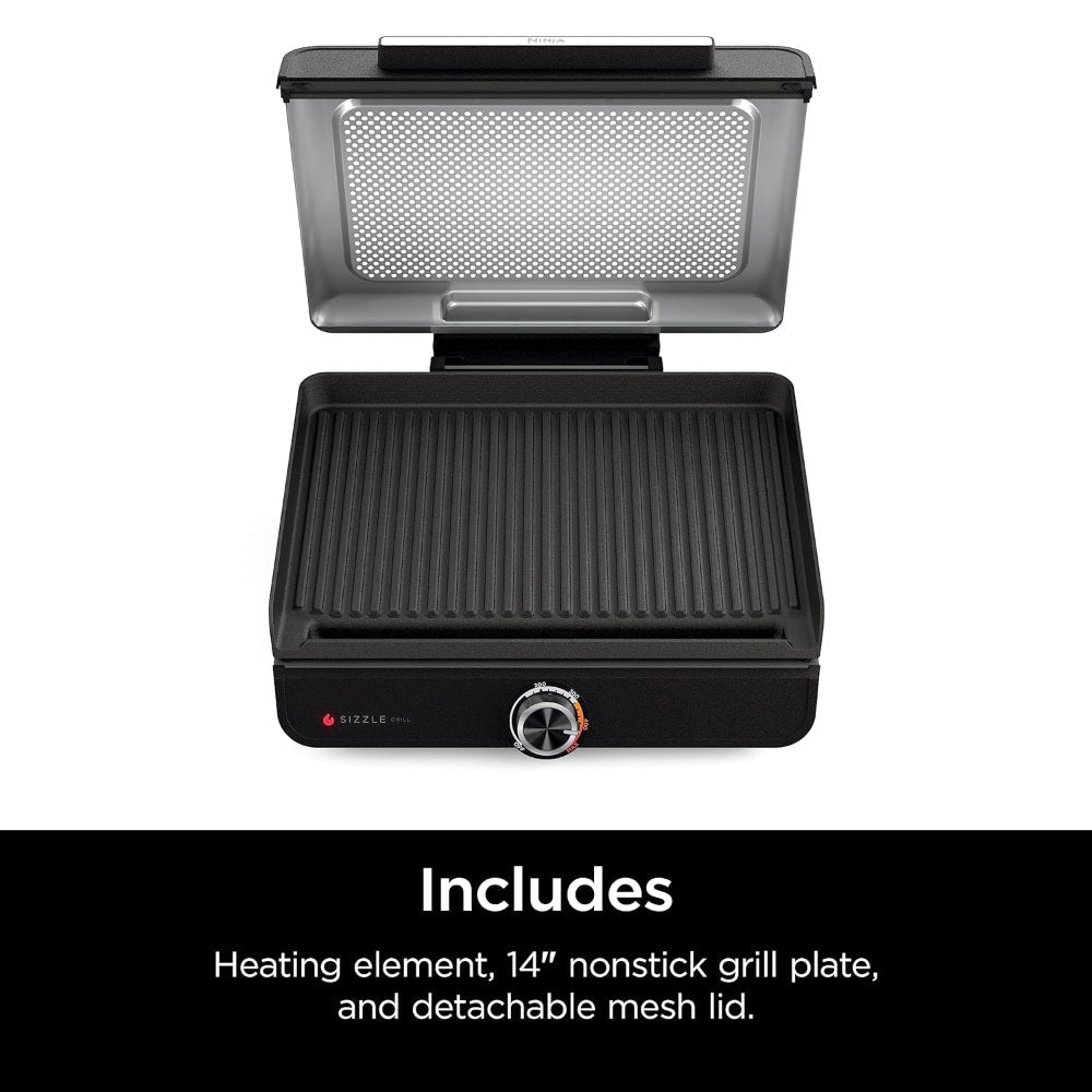 NINJA GR100C SIZZLE SMOKELESS INDOOR GRILL, 14'' NONSTICK GRILL PLATE