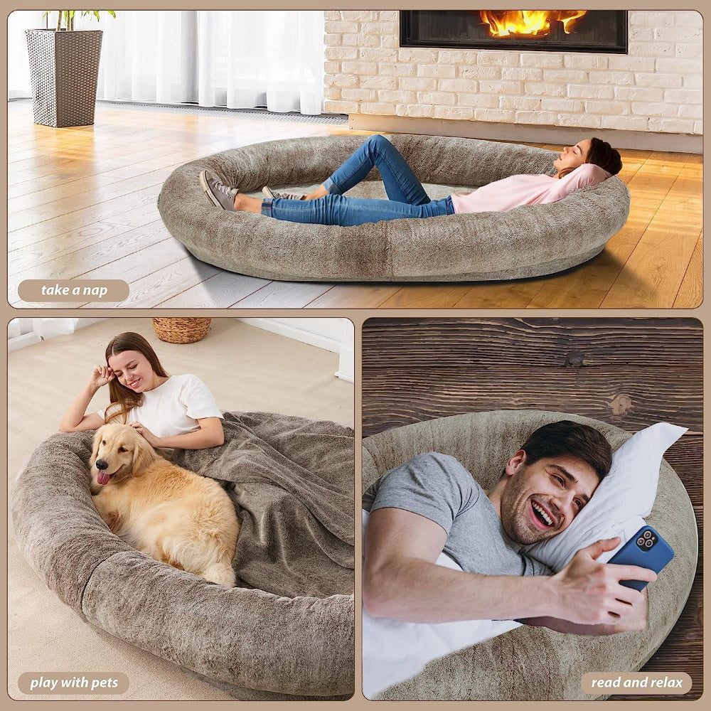 LARGE HUMAN DOG BED WITH BLANKET, BROWN