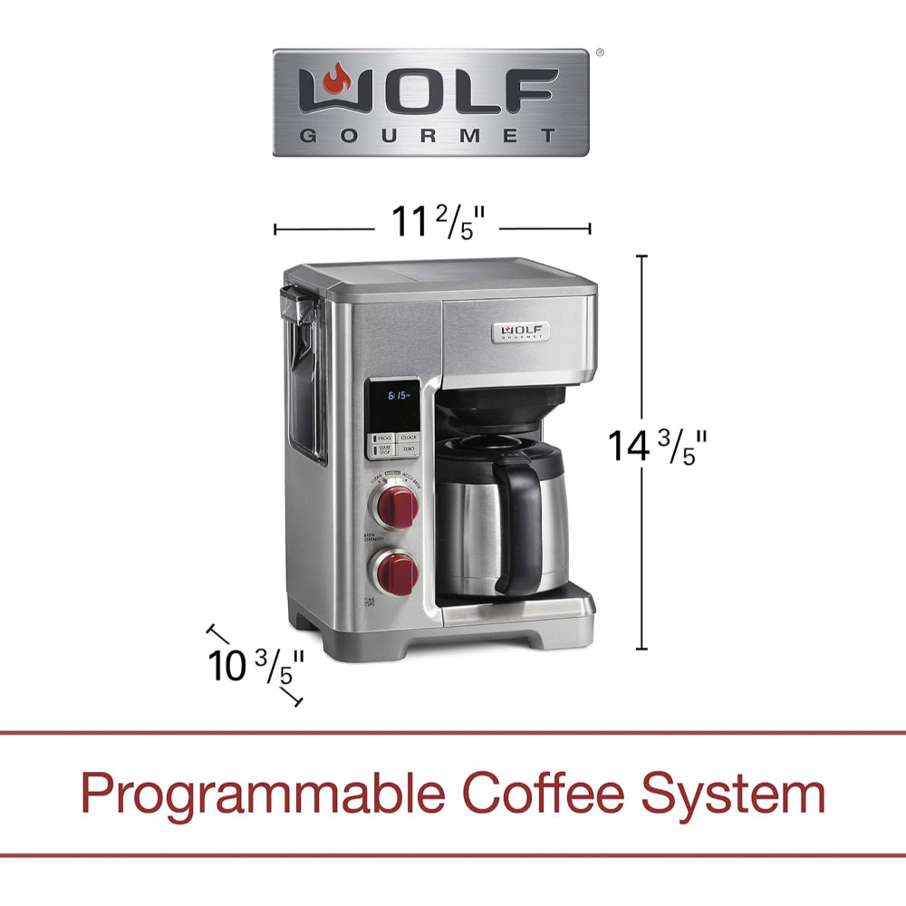 WOLF GOURMET PROGRAMMABLE COFFEE MAKER SYSTEM WITH 10 CUP THERMAL CARAFE, BUILT-IN GROUNDS SCALE, (WGCM100S)