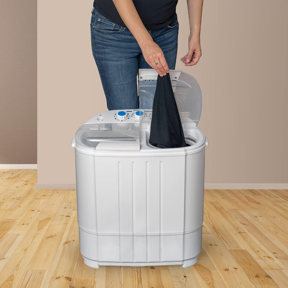 PORTABLE TWIN TUB WASHING MACHINE, BUILT-IN DRAINAGE, FOR DORMS, APARTMENTS, ETC.