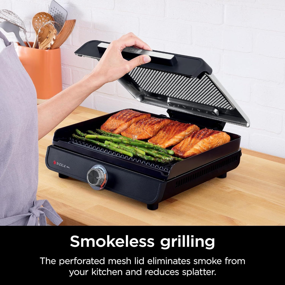 NINJA GR100C SIZZLE SMOKELESS INDOOR GRILL, 14'' NONSTICK GRILL PLATE