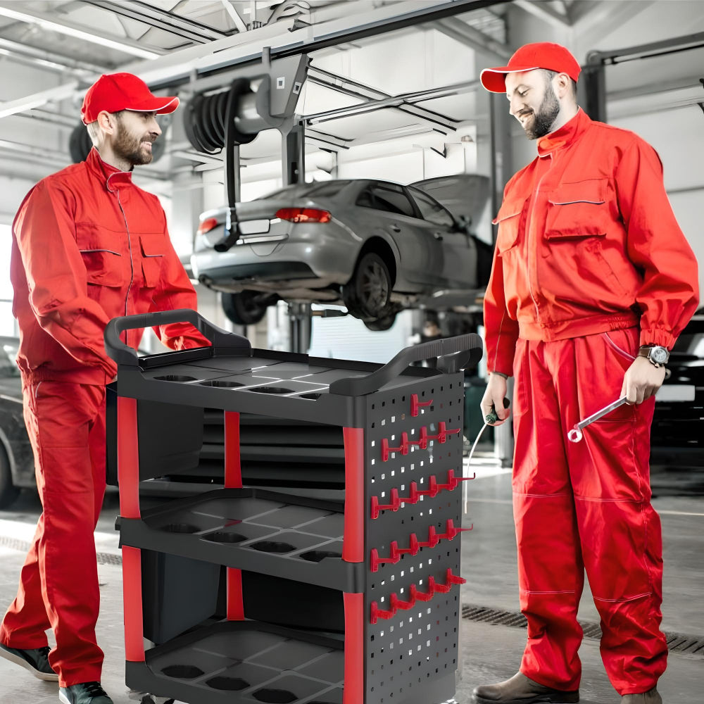KOLTOOV MULTIFUNCTIONAL BLACK / RED 3-TIER UTILITY CART FOR CAR DETAILING WITH HANGING STORAGE, TOOL HOLDERS, SIDE HANGING PLATE AND HOOKS