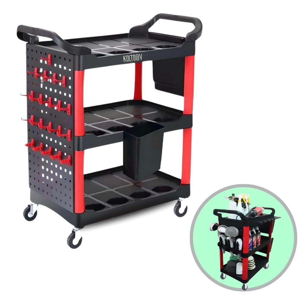 KOLTOOV MULTIFUNCTIONAL BLACK / RED 3-TIER UTILITY CART FOR CAR DETAILING WITH HANGING STORAGE, TOOL HOLDERS, SIDE HANGING PLATE AND HOOKS