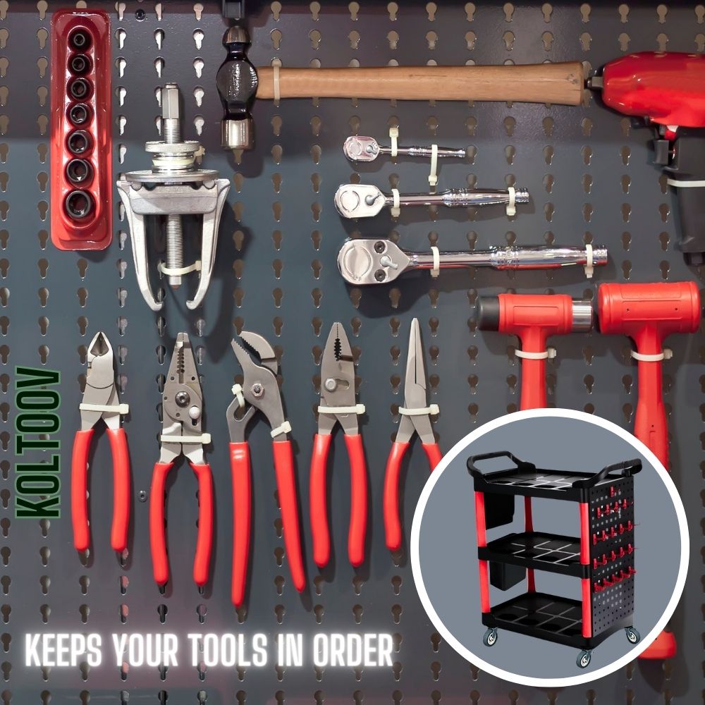 KOLTOOV MULTIFUNCTIONAL BLACK / RED 3-TIER UTILITY CART FOR CAR DETAILING WITH HANGING STORAGE, TOOL HOLDERS, SIDE HANGING PLATE AND HOOKS